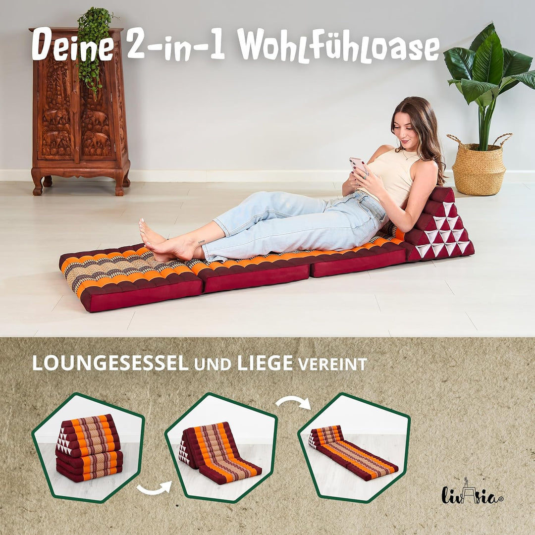 livasia Thaikissen 3 Auflagen extrahoch - 185x55x8cm - Dreieckskissen mit Klappmatratze, Kapok, Jumb