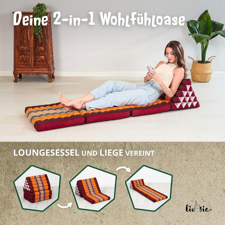 livasia Thaikissen 3 Auflagen extrahoch - 185x55x8cm - Dreieckskissen mit Klappmatratze, Kapok, Jumb