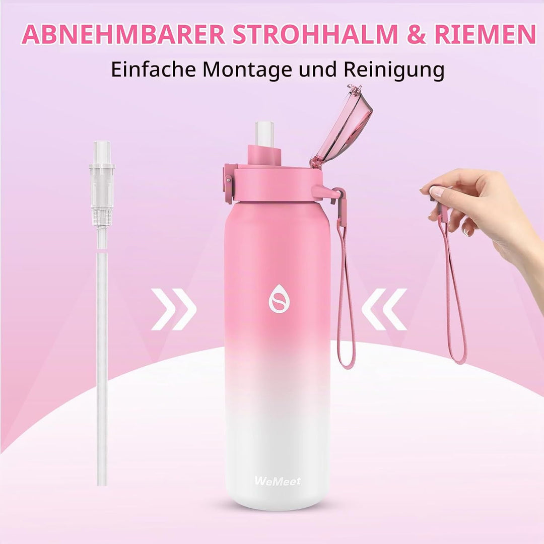 WEMEET 700ml Trinkflaschen mit Abnehmbarem Strohhalm, [18/10 Edelstahl] Wasserflasche mit Auslaufsic