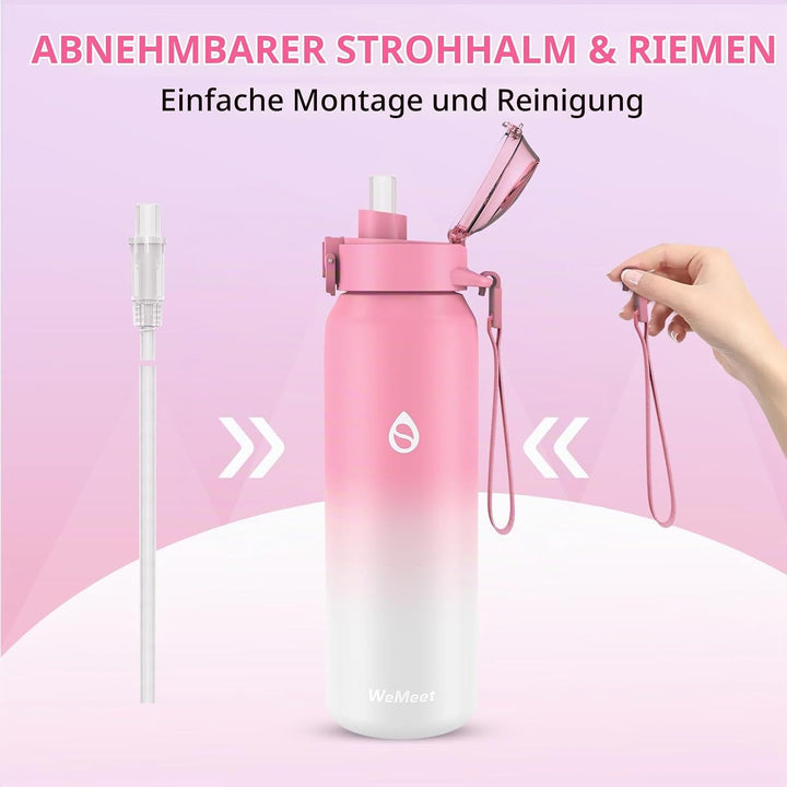 WEMEET 700ml Trinkflaschen mit Abnehmbarem Strohhalm, [18/10 Edelstahl] Wasserflasche mit Auslaufsic