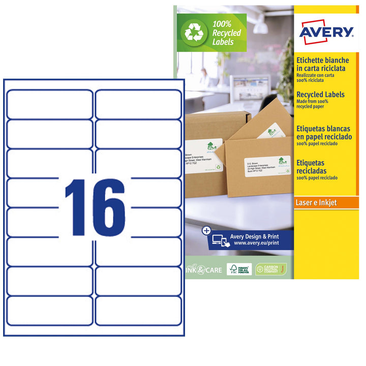 AVERY Zweckform LR7162-100 Adress-Etiketten (A4, 1.600 Stück, Recycling, 99,1 x 33,9 mm, 100 Blatt)