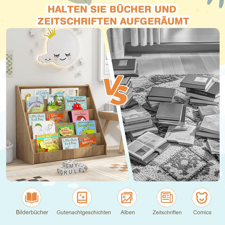 COSTWAY Kinderregal mit 5 Fächern, Bücherregal für Kinder, Zeitungsständer aus Holz, Aufbewahrungsre