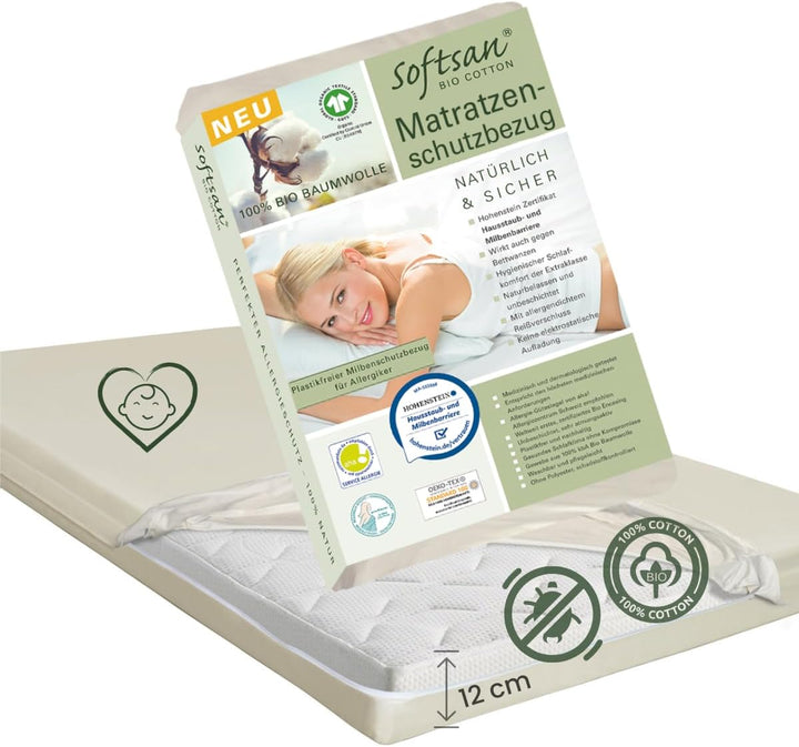 Softsan Encasing für Kinder Matratzen aus Bio Baumwolle | Schutzbezug für Allergiker | Anti Milben S