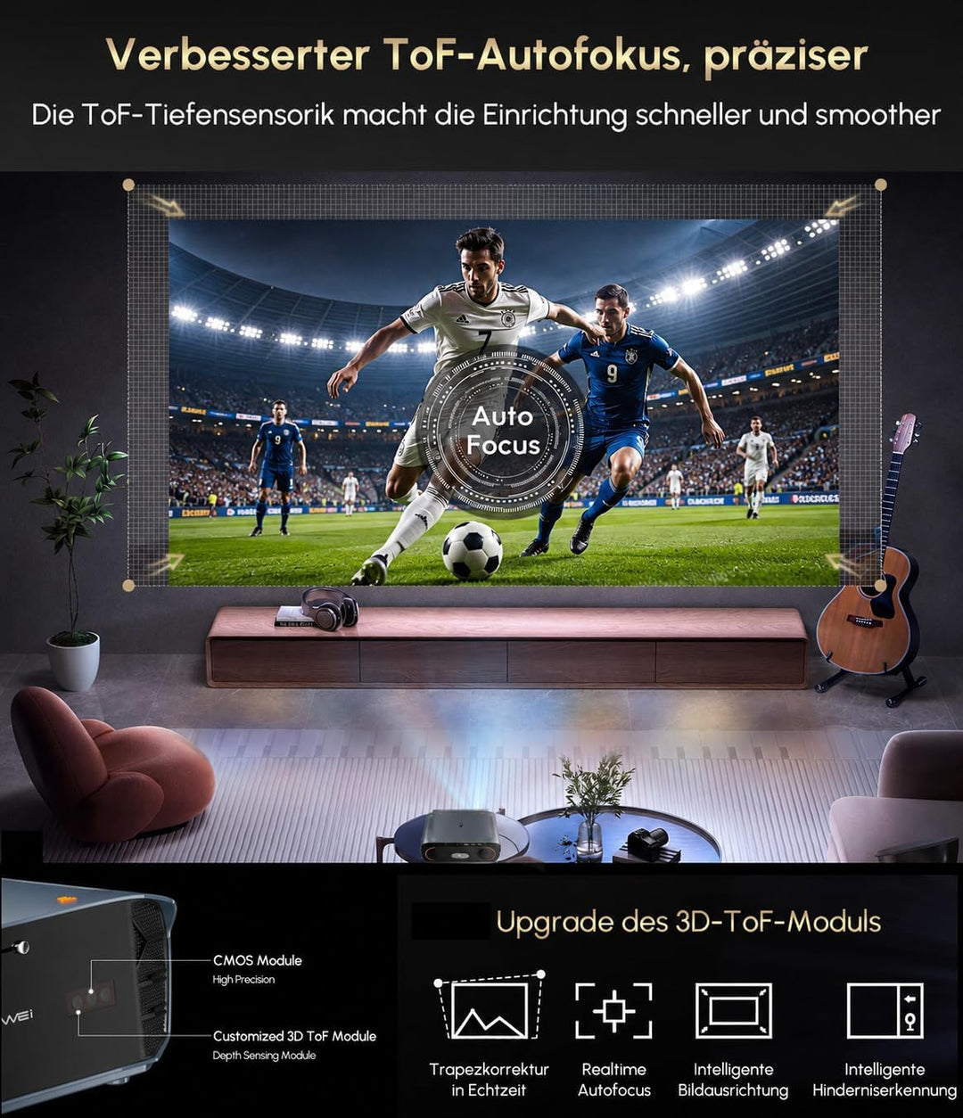 4K Smart Beamer mit Google TV – 2550 ANSI Lumen Tageslicht-Projektor, 70W Dolby Audio, ToF Autofokus