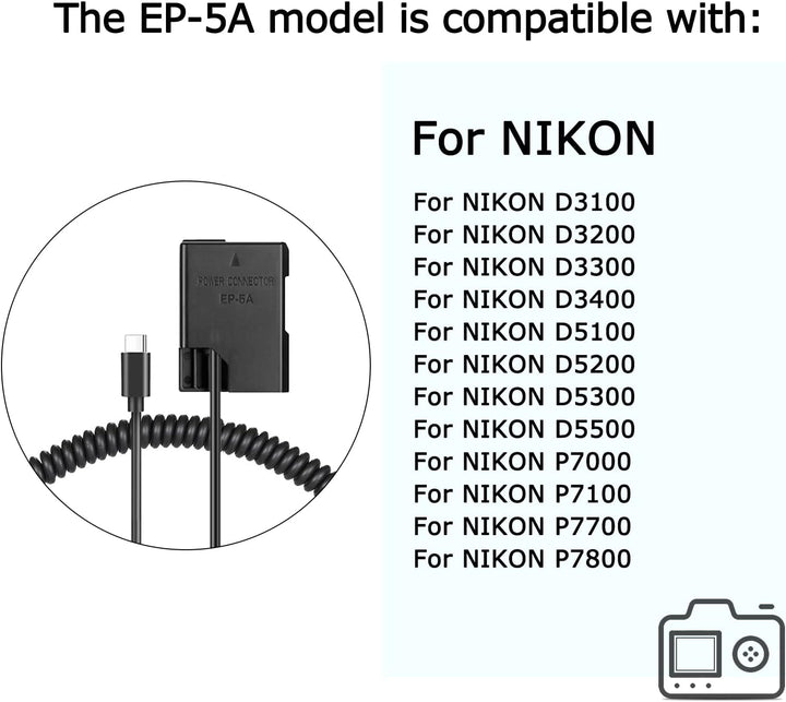 Raeisusp PD Spring Power Connector USB-C Kabel EN-EL14a Dummy Akku EP-5A DC Kupplung für Nikon D3100