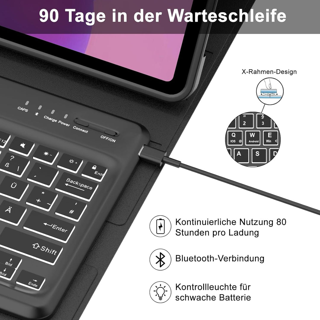 Hülle mit Tastatur für Lenovo Idea Tab Plus 12,1" 2025, 7 Farbige Beleuchtung, Bluetooth Abnehmbare