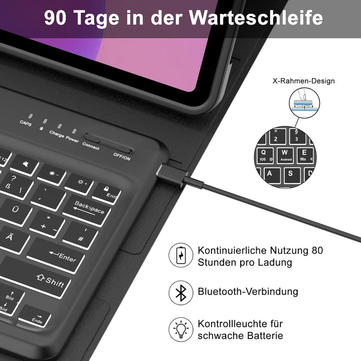 Hülle mit Tastatur für Lenovo Idea Tab Plus 12,1" 2025, 7 Farbige Beleuchtung, Bluetooth Abnehmbare