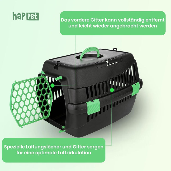 HAPPET Tiertransportbox Teddy M Grün 56x37x37 cm – Robuste, gut belüftete Transportbox für Katzen &