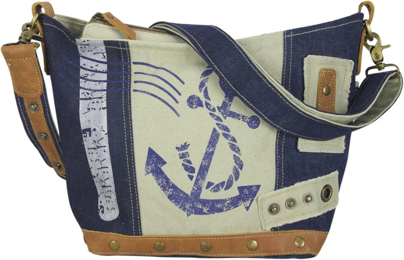 Sunsa Damen Tasche Umhängetasche. kleine Canvas Bag mit Recycelte Jeans und Leder. Vintage Design Ta