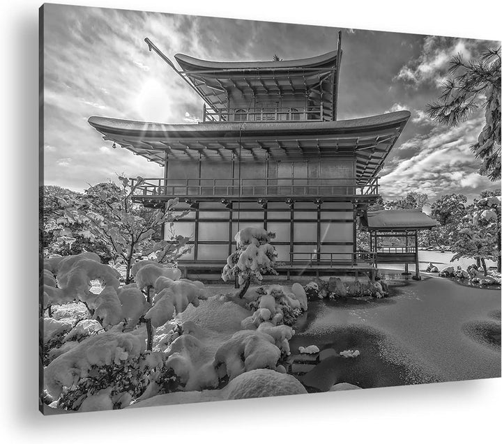 japanische Schneelandschaft des Kinkaku Ji-Tempels Effekt: Schwarz&Weiss ,Format: 80x60 als Leinwand