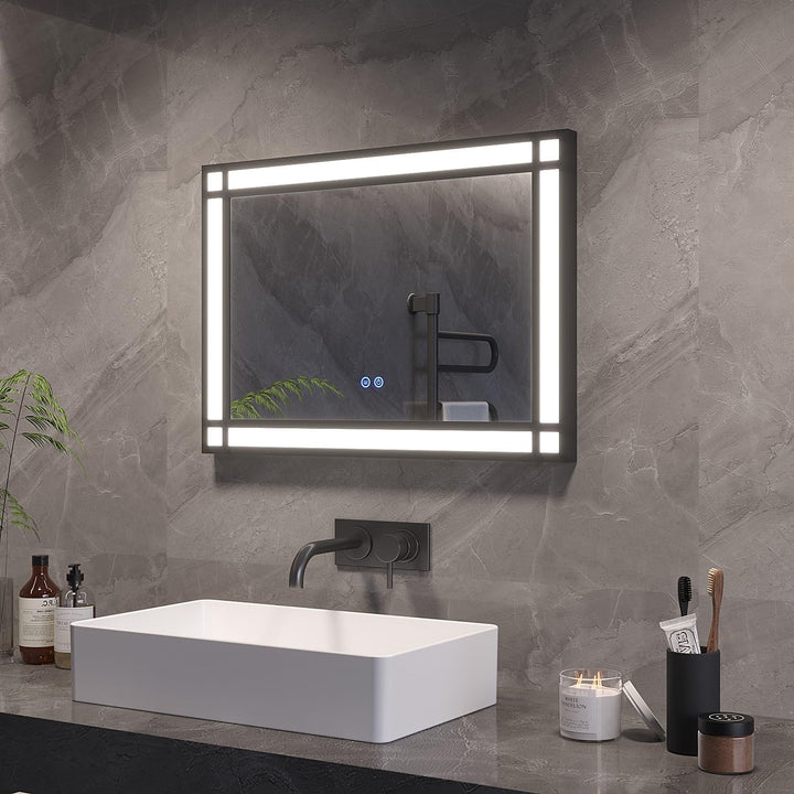 AQUABATOS Badspiegel mit Beleuchtung Schwarzer Rahmen Fensteroptik 50x70cm, Badezimmerspiegel Beleuc
