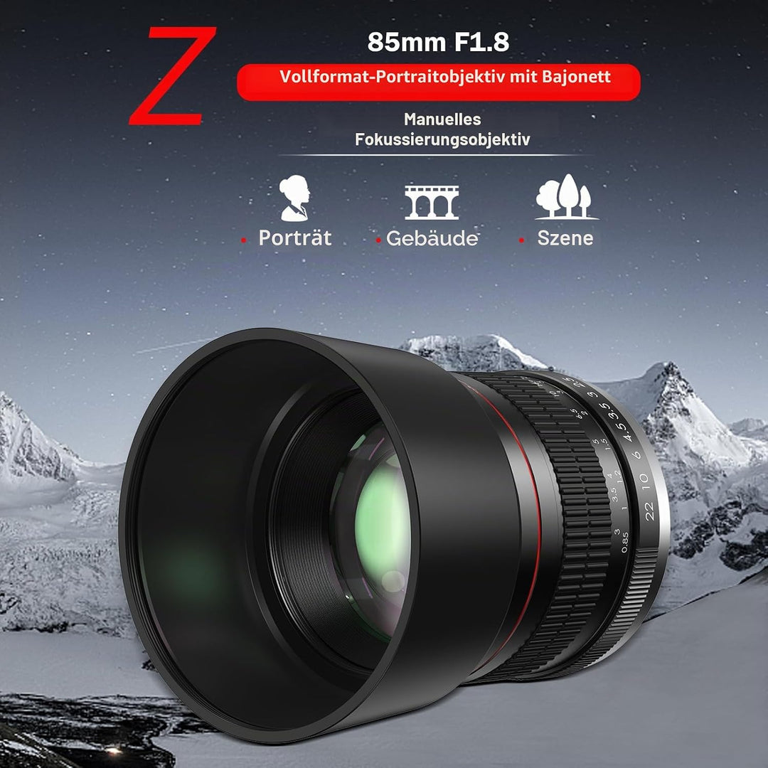 BENOISON 85mm f1,8 Portraitobjektiv, Z Objektiv für Nikon, 85mm Objektiv, manueller Fokus für Nikon