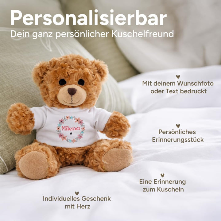 Kuscheltier Teddybär personalisiert – Flauschiges Plüschtier mit weissem T-Shirt zum Bedrucken – Wei