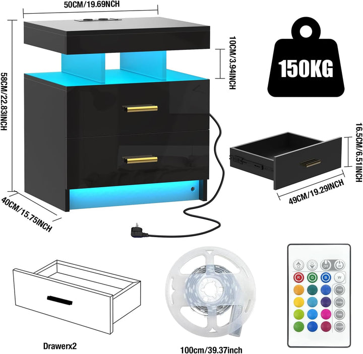 Nachttisch LED mit Steckdose(2 AC-Steckdosen & 2 USB-Anschlüsse), Nachtkommode mit 2 Schubladen und