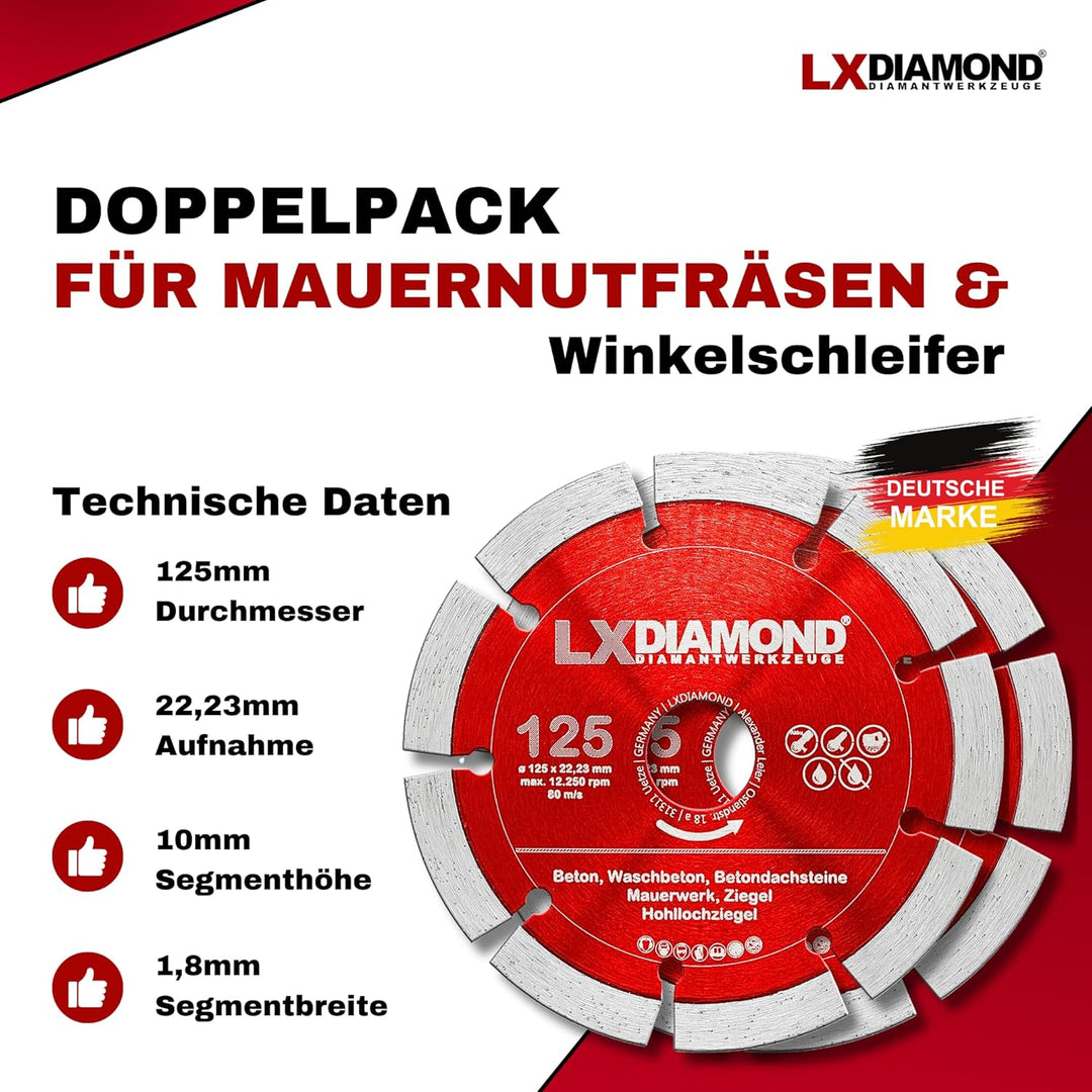 LXDIAMOND 2x Diamant-Trennscheibe 125mm x 22,23mm Beton Stein Ziegel Mauerwerk passend für Diamantfr
