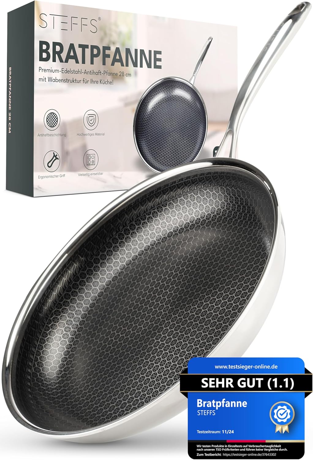STEFFS® BRATPFANNE mit Waben 28 cm kratzfeste Antihaft Beschichtung - Pfanne alle Herdarten einfache
