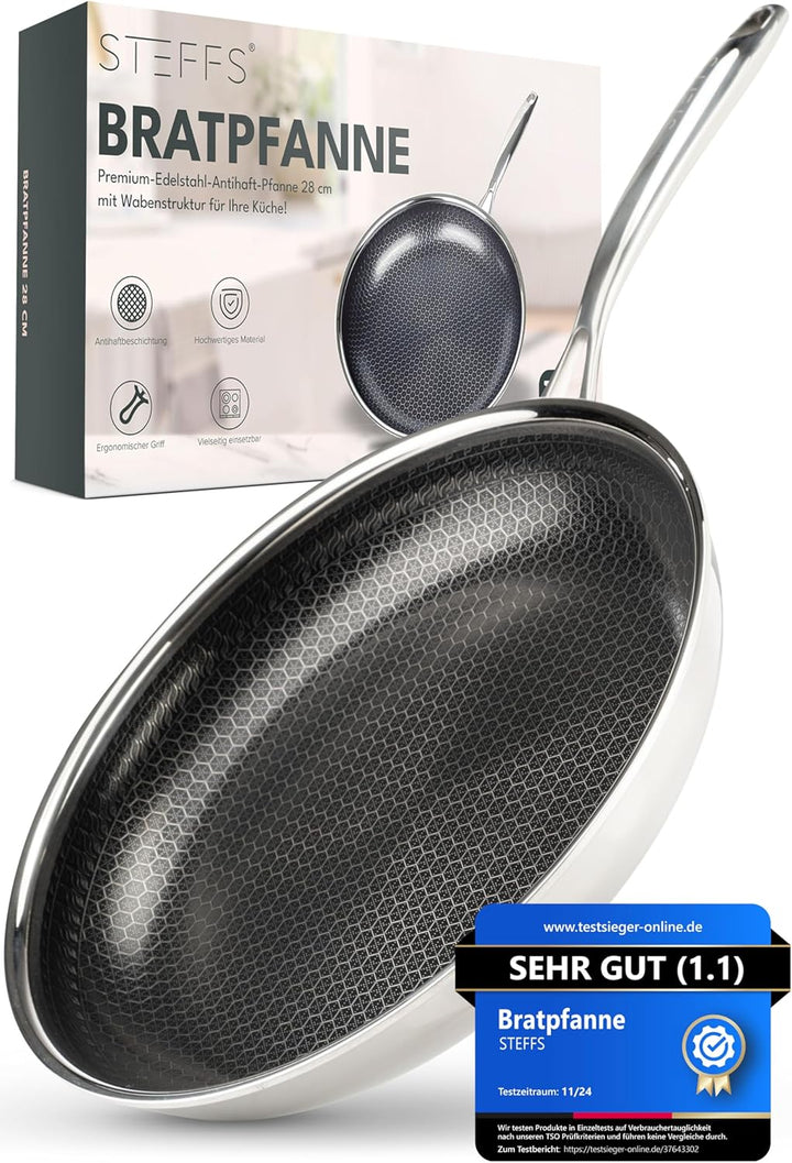 STEFFS® BRATPFANNE mit Waben 28 cm kratzfeste Antihaft Beschichtung - Pfanne alle Herdarten einfache