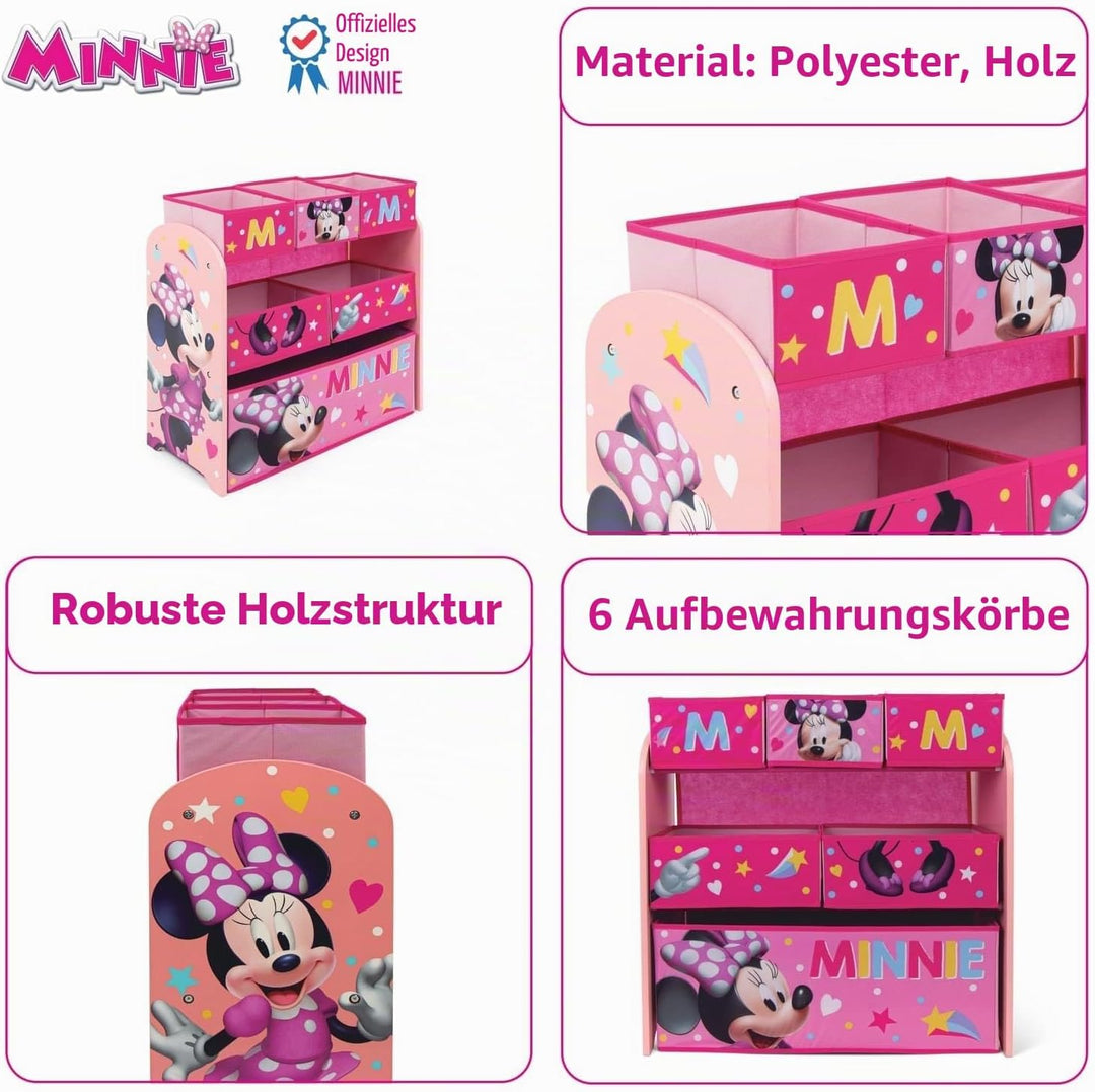 ARDITEX – Organizer aus Holz mit 6 Textilboxen mit Minnie-Mouse-Motiv von Disney – 62x30x60cm – Farb