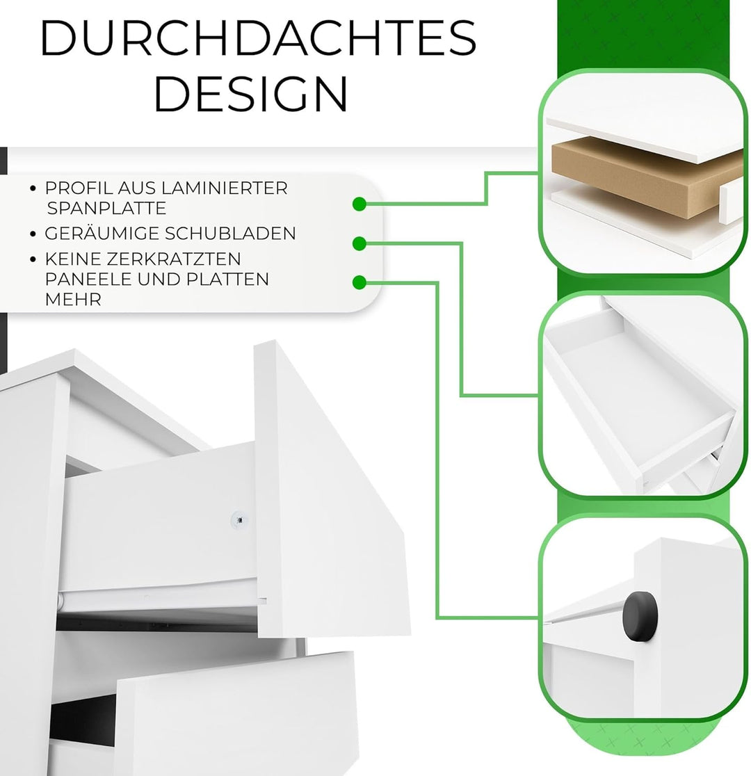 CDF Kommode Malwa M3 | Farbe: Weiss glänzend | Schrank für Dokumente, Kleinigkeiten | Ideal für Wohn