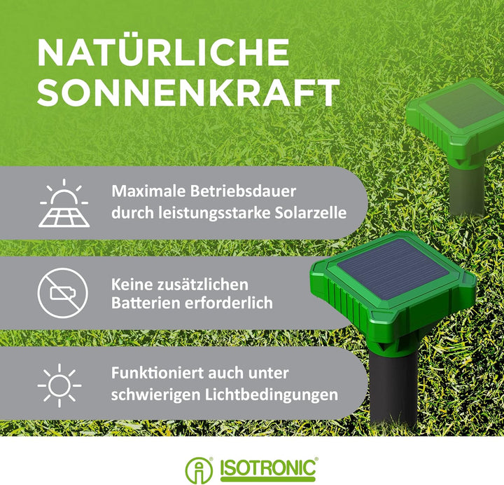 ISOTRONIC Solar Maulwurfabwehr zum Vertreiben von Maulwürfen, Wühlmäusen & Schlangen – Maulwurfschre