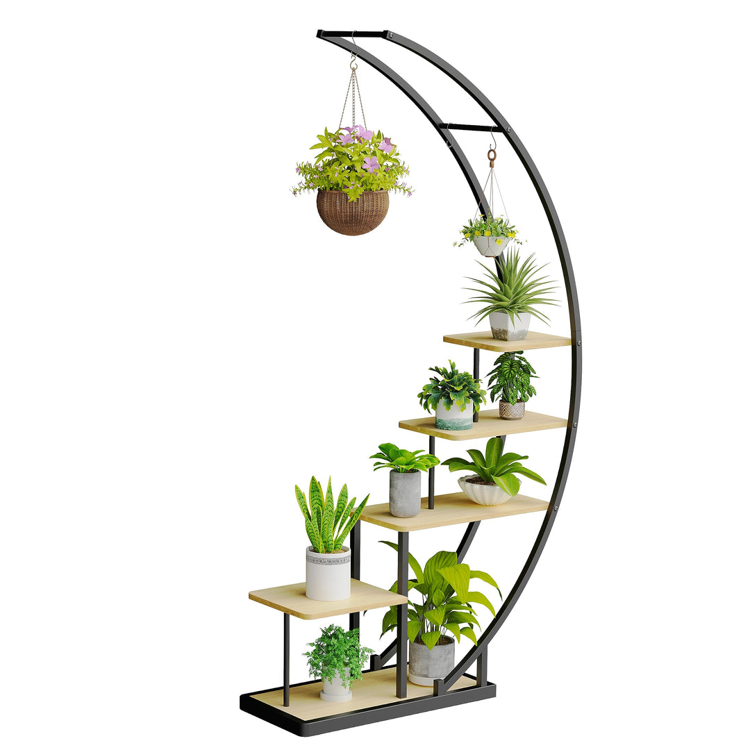 Ribelli 5-stufiger Metall-Pflanzenständer in Halbmondform 172cm, Pflanzenregal mit 5 Ablagen & Haken