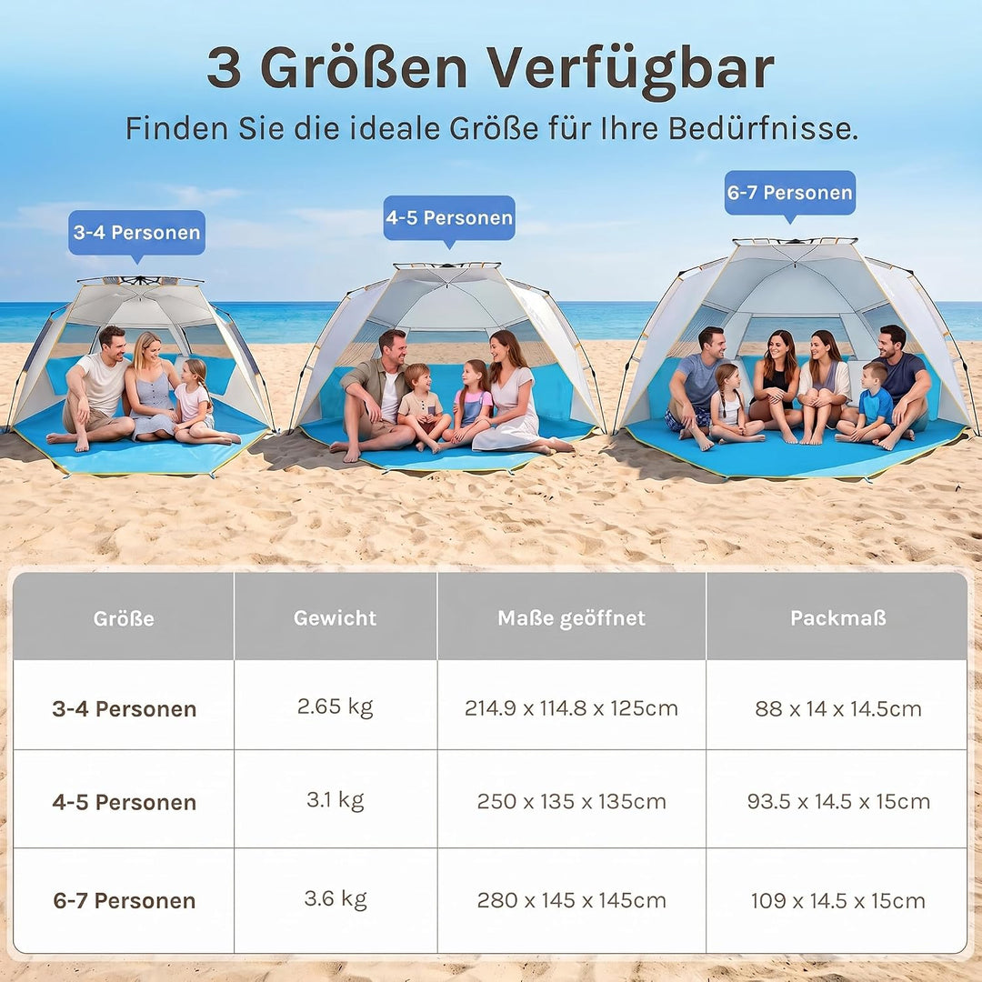 Wolfwise Strandmuschel mit Schnellaufbau für 6-7 Personen – UV-Schutz 50+, Wasserabweisend, Privater