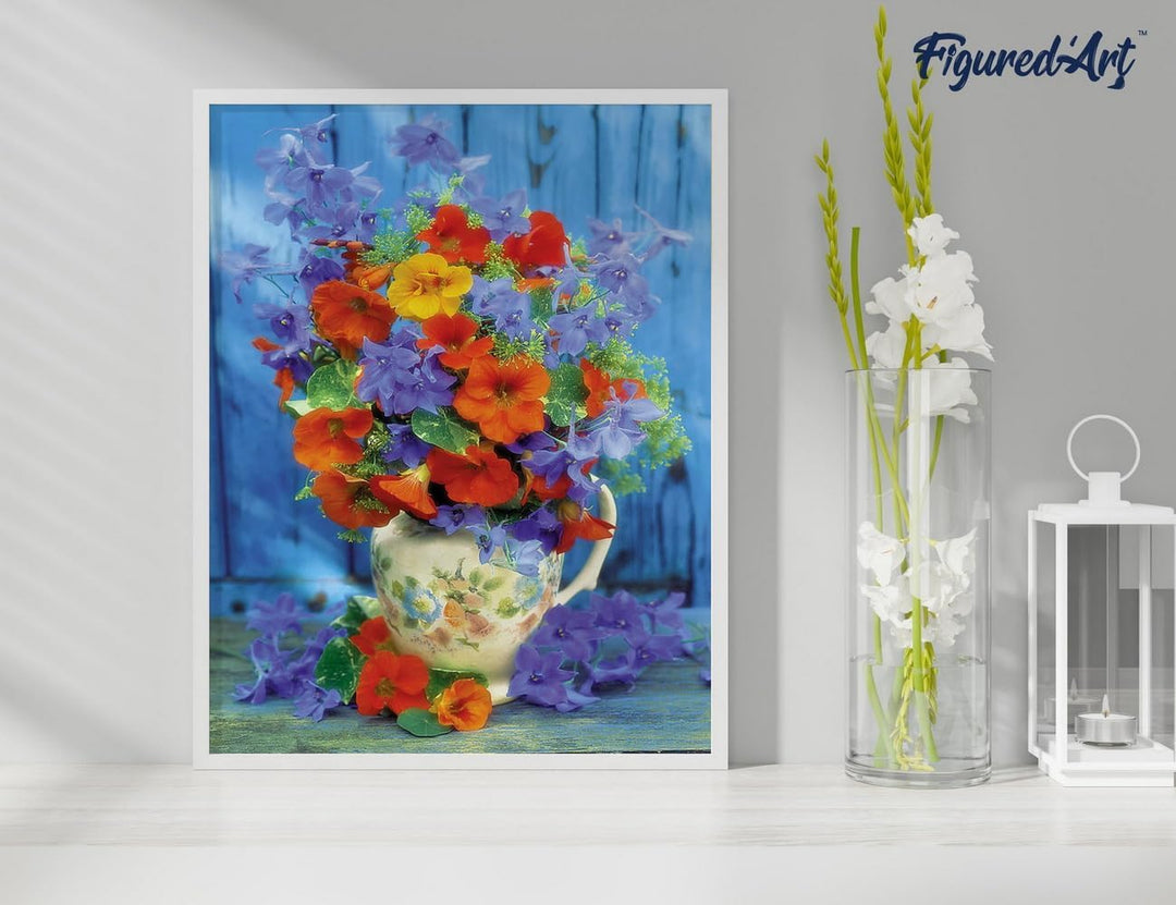 Figured'Art Malen Nach Zahlen Erwachsene Mit Rahmen Blumenstrauss in Orange und Lila - Paint by Numb
