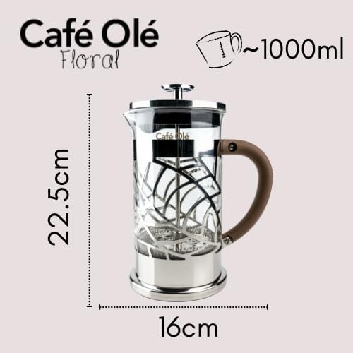 Café Olé Floral Durchsichtiger Kaffeebereiter Kaffeepresse aus Edelstahl 18/10 und Glas 1000 ml 8 Mo