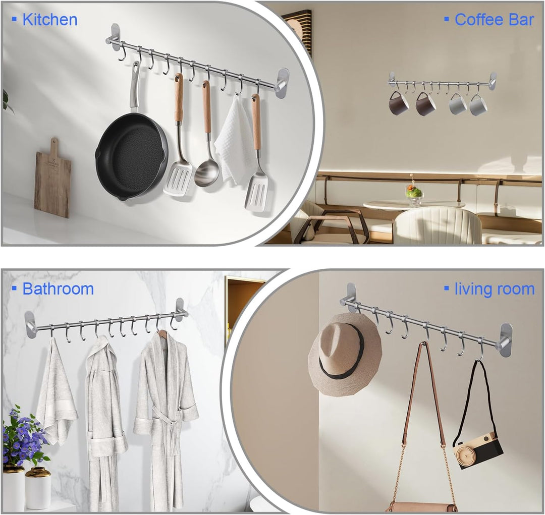Geschirr hängende Rack mit 8 abnehmbaren Haken keine Bohrung, Edelstahl Küche Schiene Pfanne Hanger
