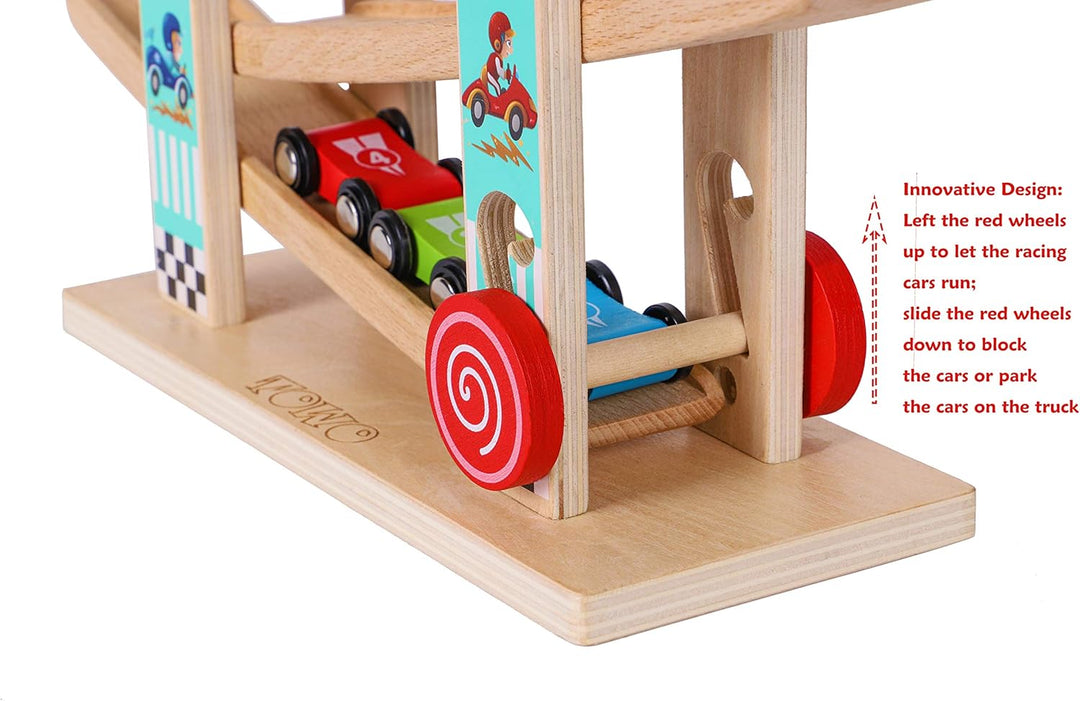 Towo Reines Holz Car Rampe - Zick-Zack-Auto-Rutschbahn mit 4 Holzautos Spielsets-Click Clack Track H