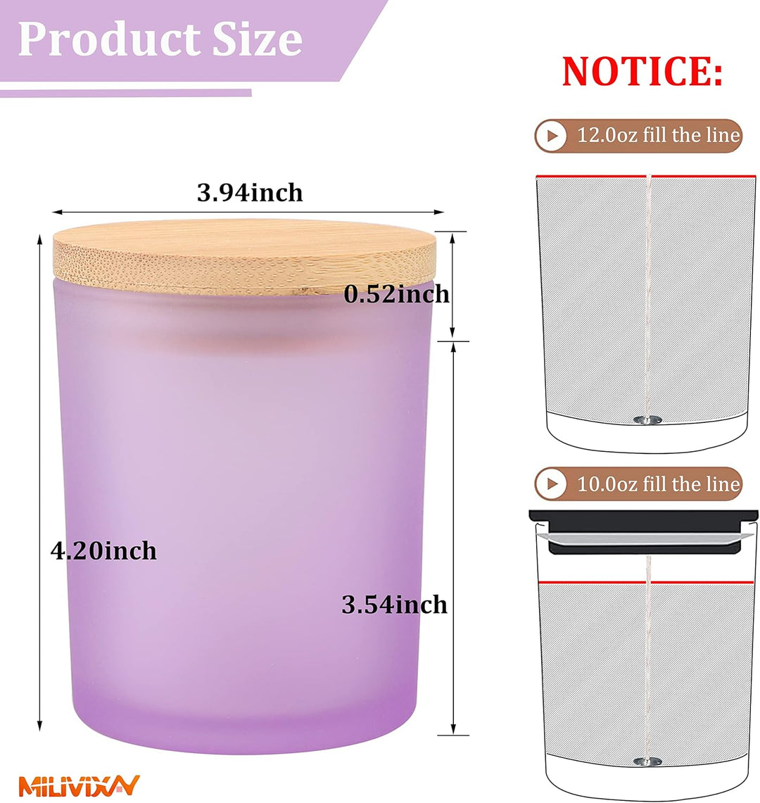 MILIVIXAY 12 Stück 340 ml matte lila Glaskerzengläser mit Deckel und Kerzenherstellungs-Kits – leere