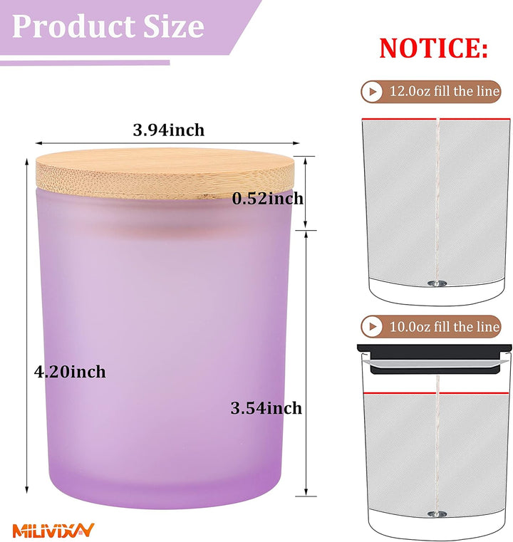MILIVIXAY 12 Stück 340 ml matte lila Glaskerzengläser mit Deckel und Kerzenherstellungs-Kits – leere