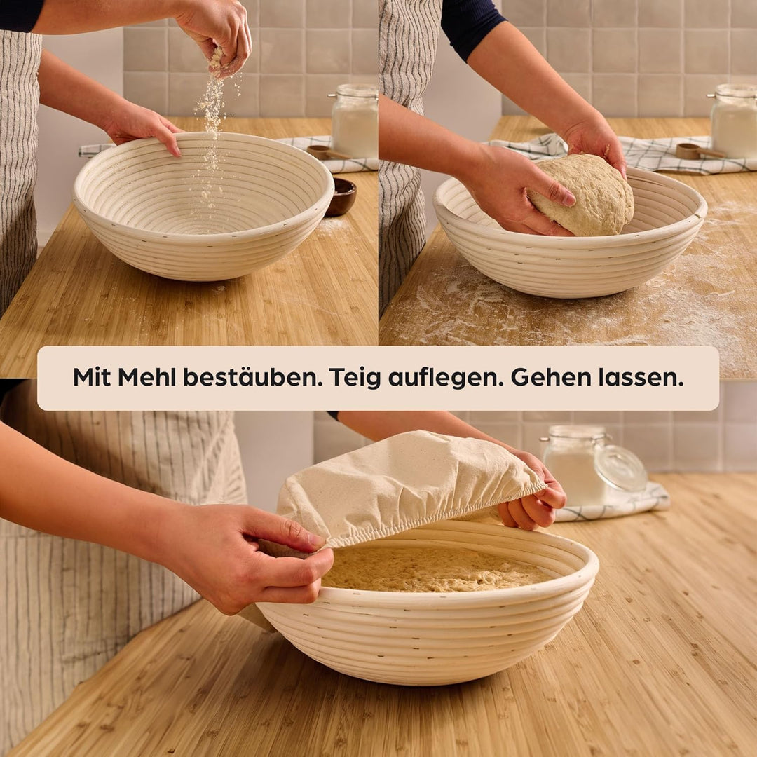 Praknu Gärkorb zum Brotbacken - Aus nachhaltigem Rattan - Rund - Set inkl. Bürste, Leineneinlage & B