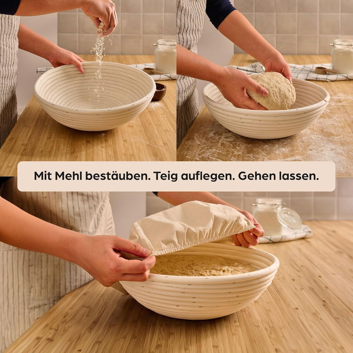 Praknu Gärkorb zum Brotbacken - Aus nachhaltigem Rattan - Rund - Set inkl. Bürste, Leineneinlage & B