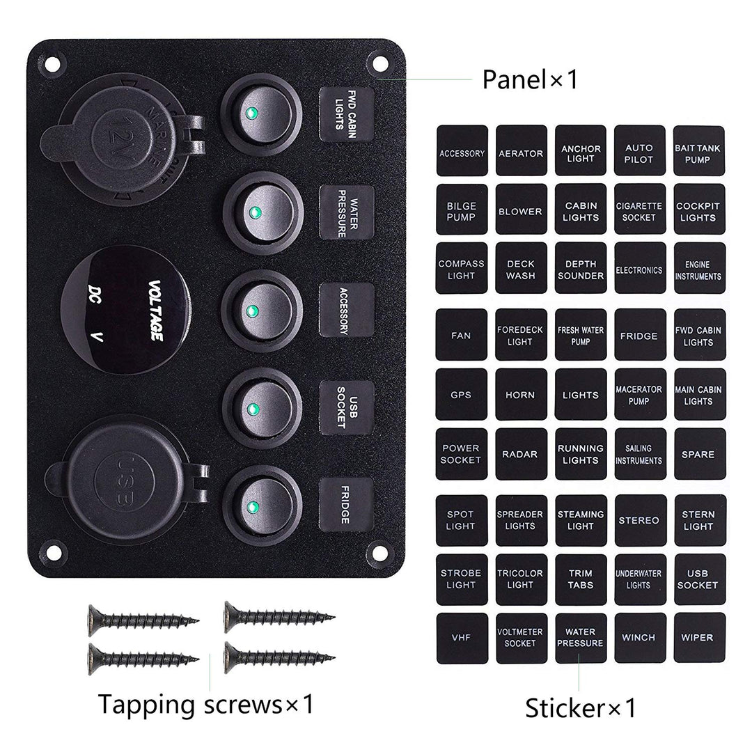 Etrogo 5 Gang Kippschalter Panel mit Dual USB Steckdose ät 4.2A + Wasserdicht LED Voltmeter +Zigaret