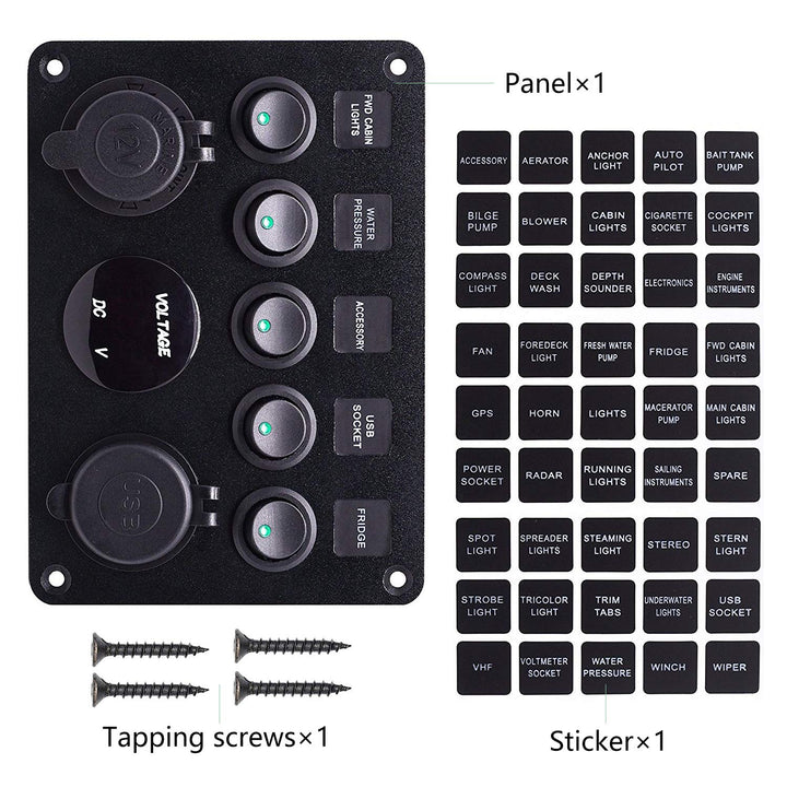 Etrogo 5 Gang Kippschalter Panel mit Dual USB Steckdose ät 4.2A + Wasserdicht LED Voltmeter +Zigaret