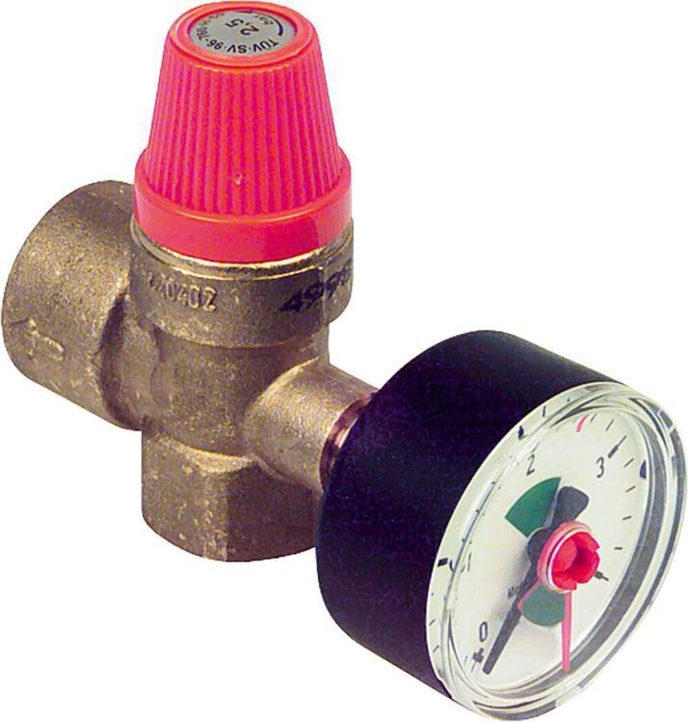 Caleffi Membran-Sicherheitsventile 1/2 Zoll IG x 3/4 Zoll IG 2,5 Bar für Heizung mit Manometer