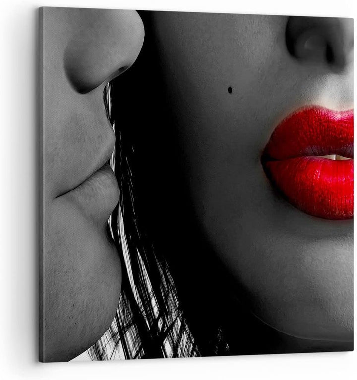 Bilder auf Leinwand Rote Lippen dunkles Haar Modell Liebe Leinwandbild 60x60cm Wandbilder Dekoration