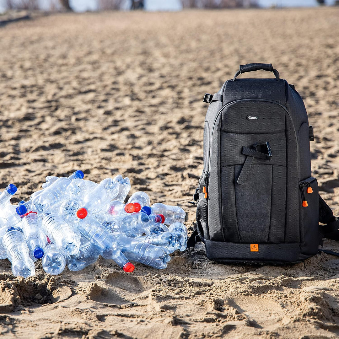 Rollei Fotoliner Ocean L: Grosser Kamerarucksack aus 36 recycleten PET-Flaschen, inkl. Regenschutz,