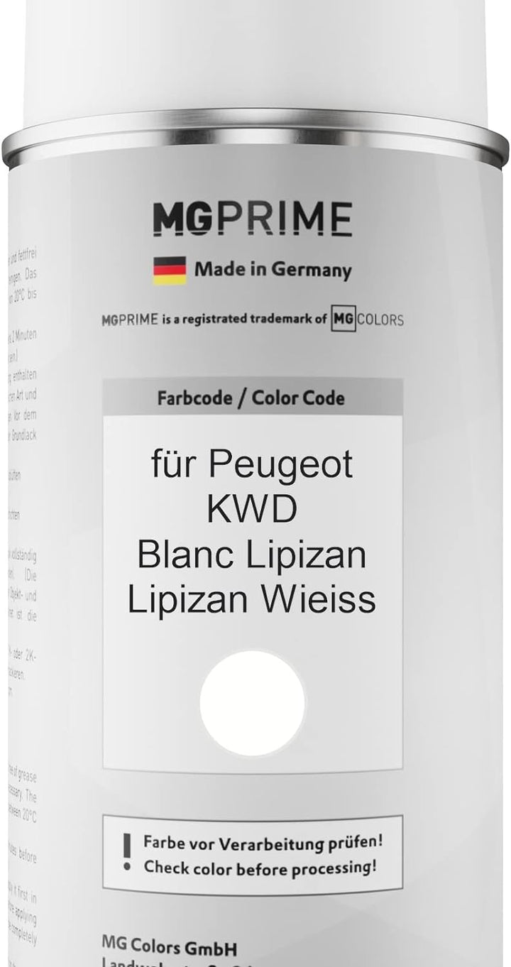 MG PRIME Autolack 2K Spraydosen Set für Peugeot KWD Blanc Lipizan/Lipizan Wieiss Basislack 2 Kompone