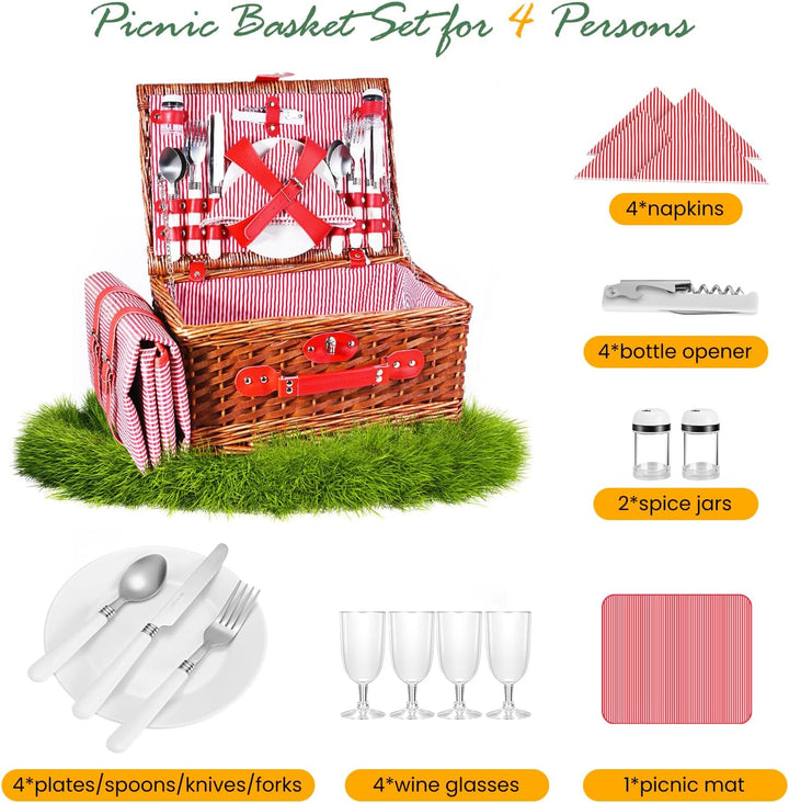 Picknickkorb für 4 Personen, aus Weide mit wasserdichter Decke und Besteck, für Camping, Rosa Rosa,