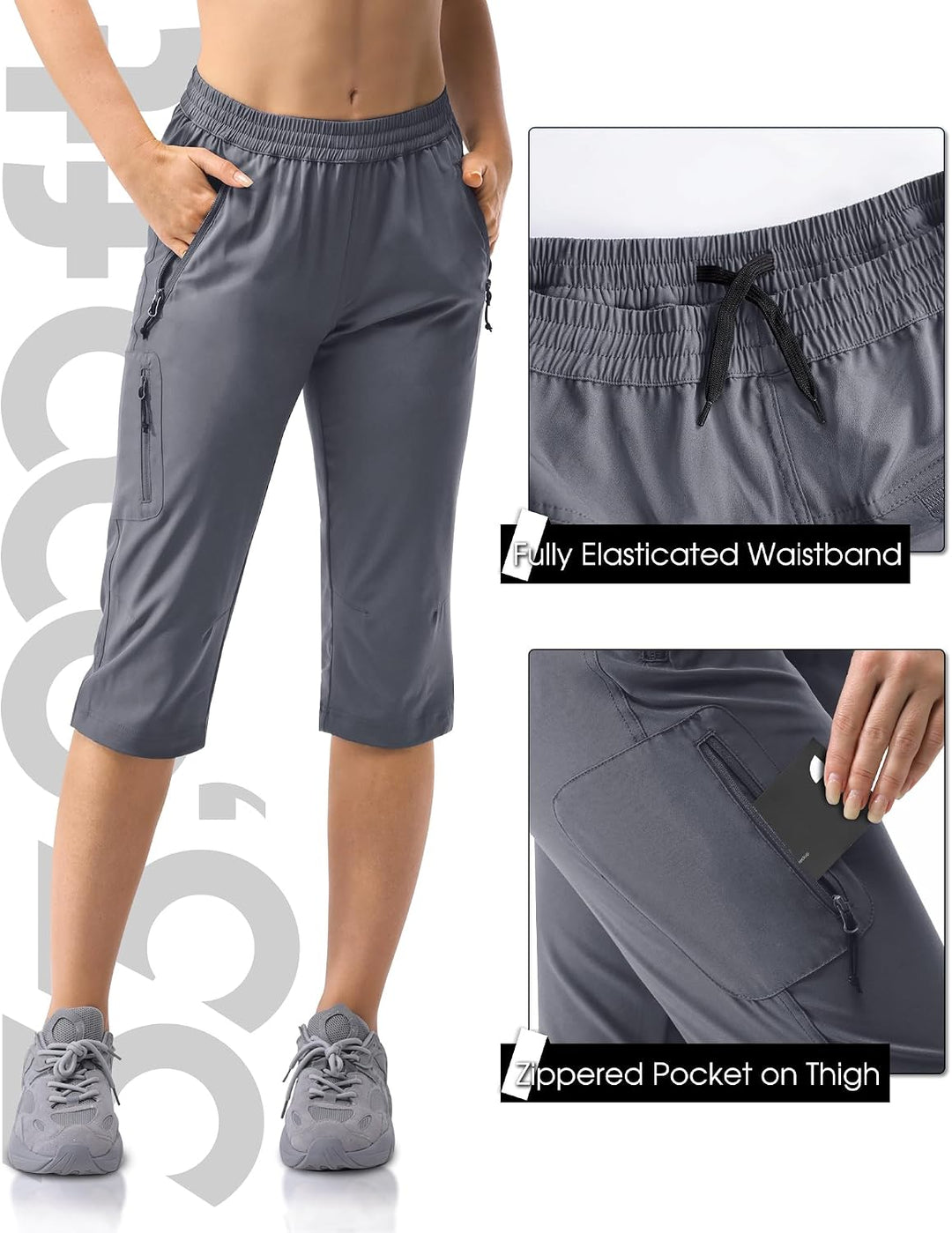 33,000ft Damen 3/4 Hose Capri Wanderhose Stretch Leichte Radhose Taschen Sommer Outdoor Golf Hose 34