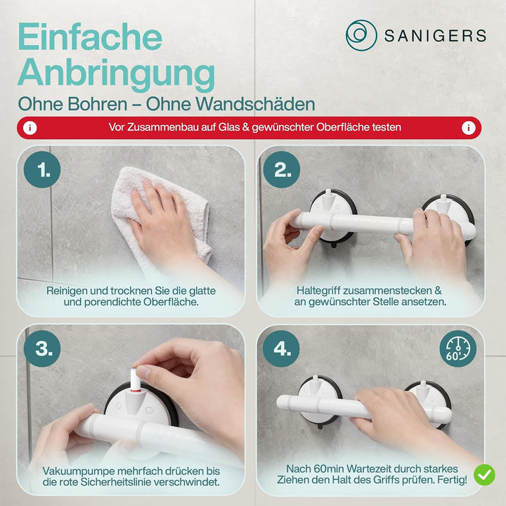 Haltegriff mit Saugnapf I 2026 I EXTRA STARKER HALT 130 KG I 36,5 CM Haltegriff Dusche ohne Bohren,