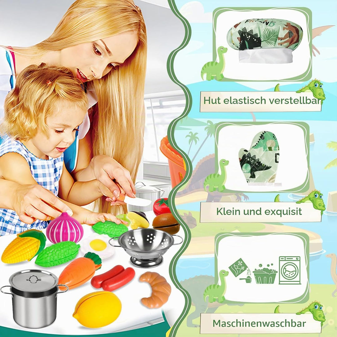 FAMKEEP 30Pcs Küchenspielzeug Zubehör Kinderküche Kochgeschirr Pfannenset Schürze und Kochmütze für