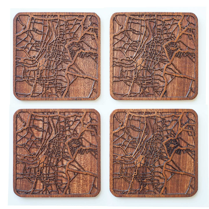 Kalkutta Untersetzer mit Landkarte aus Sapeli-Holz, 4 Stück, mit Stadtkarte, mehrere Stadt optional,