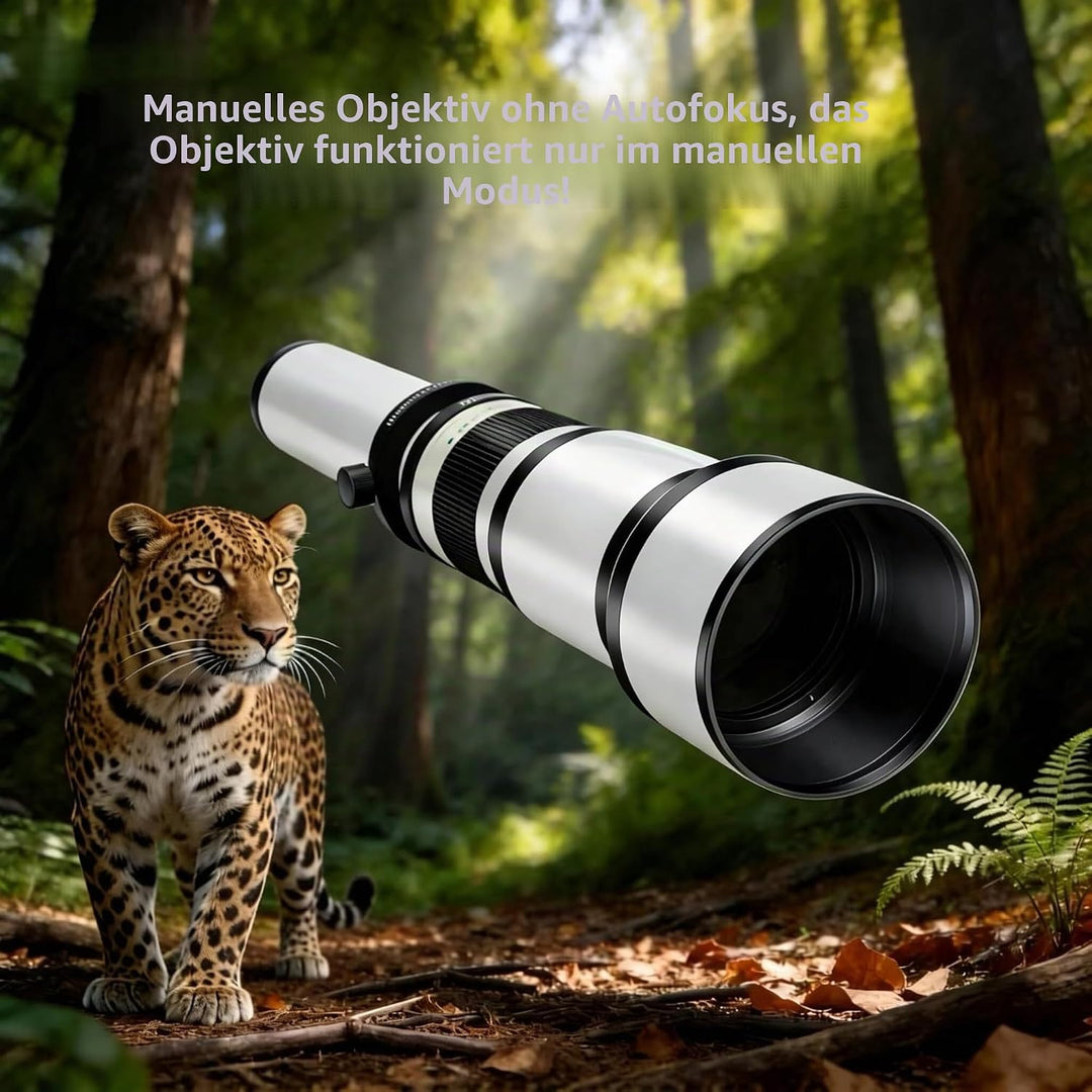 JINTU Teleobjektiv EF 650-1300mm F8 EF Objektiv für Canon SLR, Manueller Fokus MF Zoom Objektiv für
