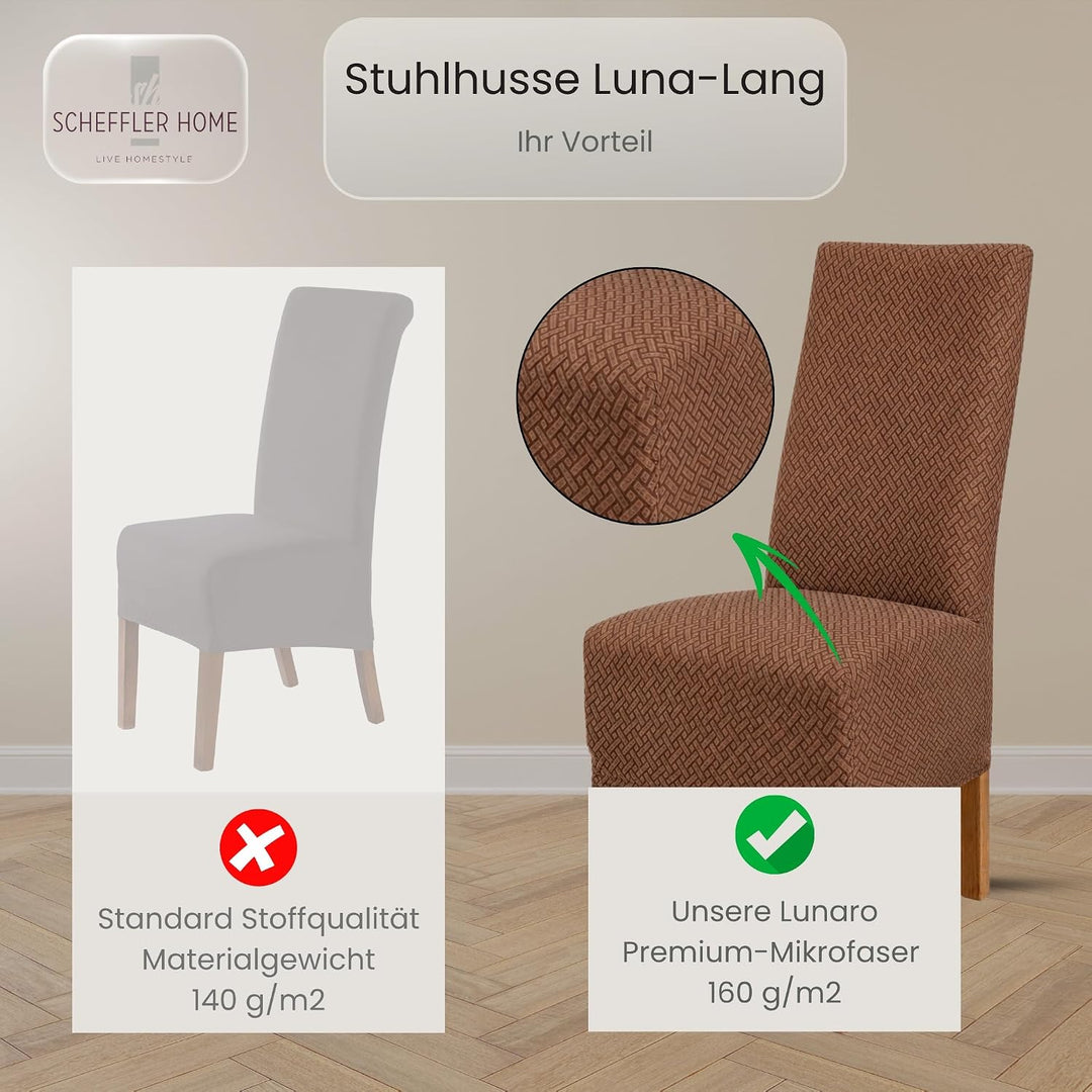 SCHEFFLER-Home Stuhlhussen Stretch Luna-Lang/Stuhlüberzug 4er Set Braun/elastische Flanell Stuhlabde