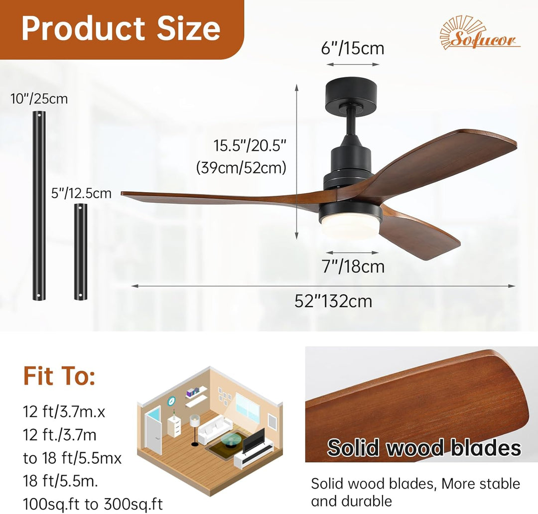 Sofucor Deckenventilator mit Beleuchtung und Fernbedienung, Deckenventilator mit Licht, 3 Holzlüfter