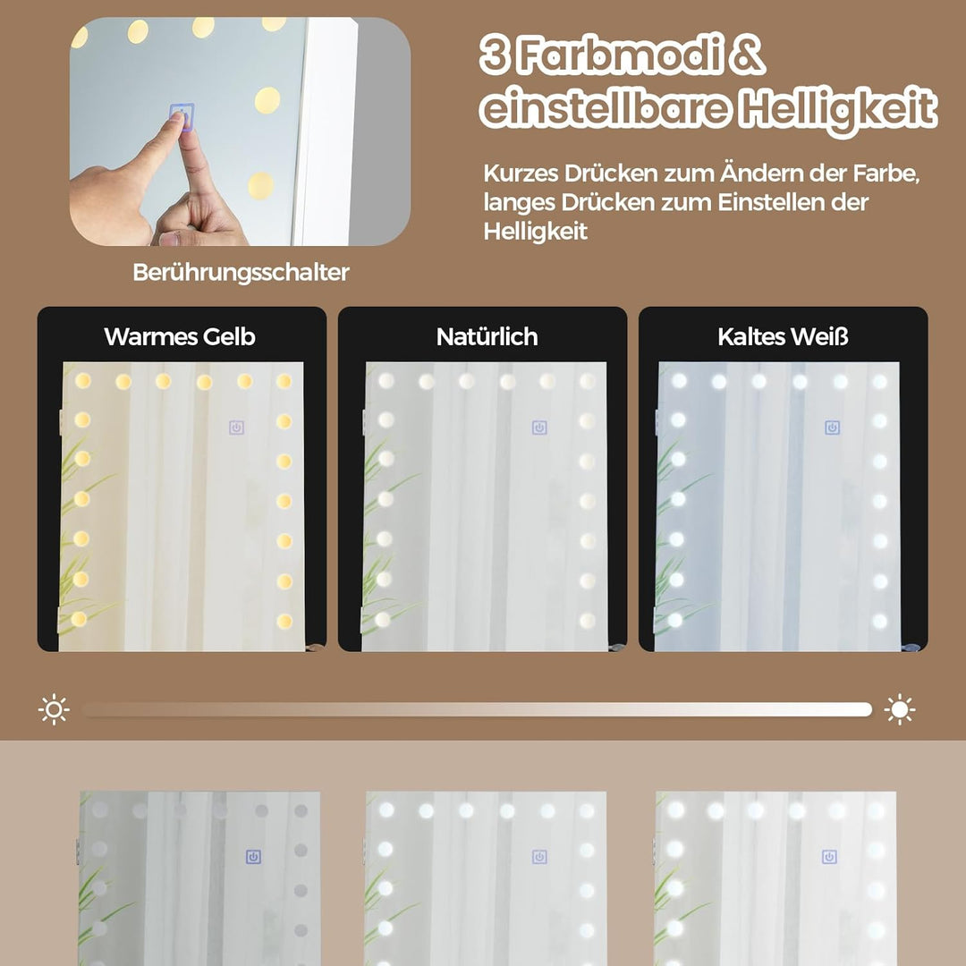 COSTWAY Schmuckschrank mit Rollen, 4 in 1 Spiegelschrank mit 3-farbig LED Leuchten & verstellbarer H