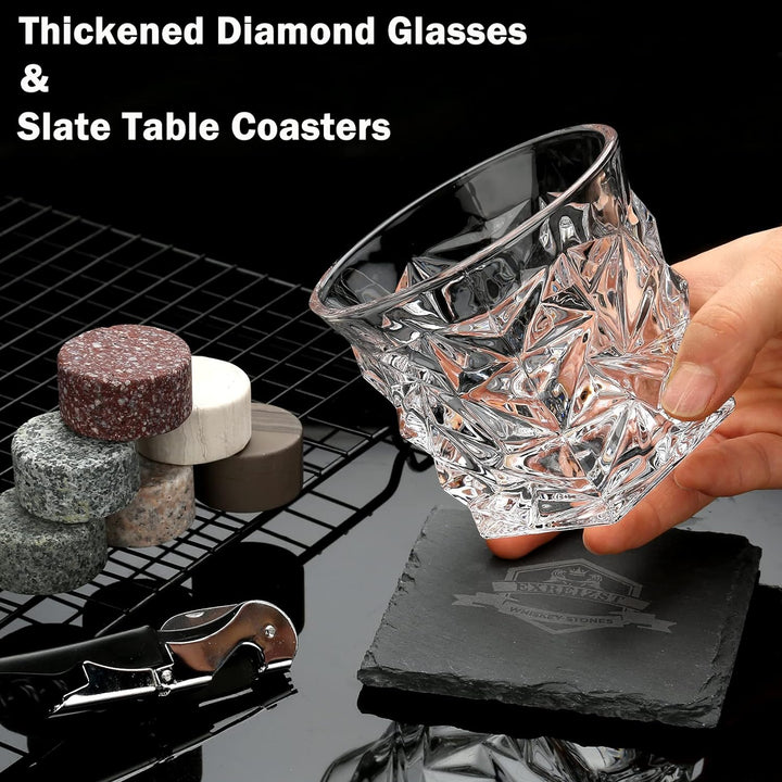 Whisky Stones and Glasses Gift Set, Whisky Rocks Chilling Stones in Handmade Wooden Box - Cool Drink
